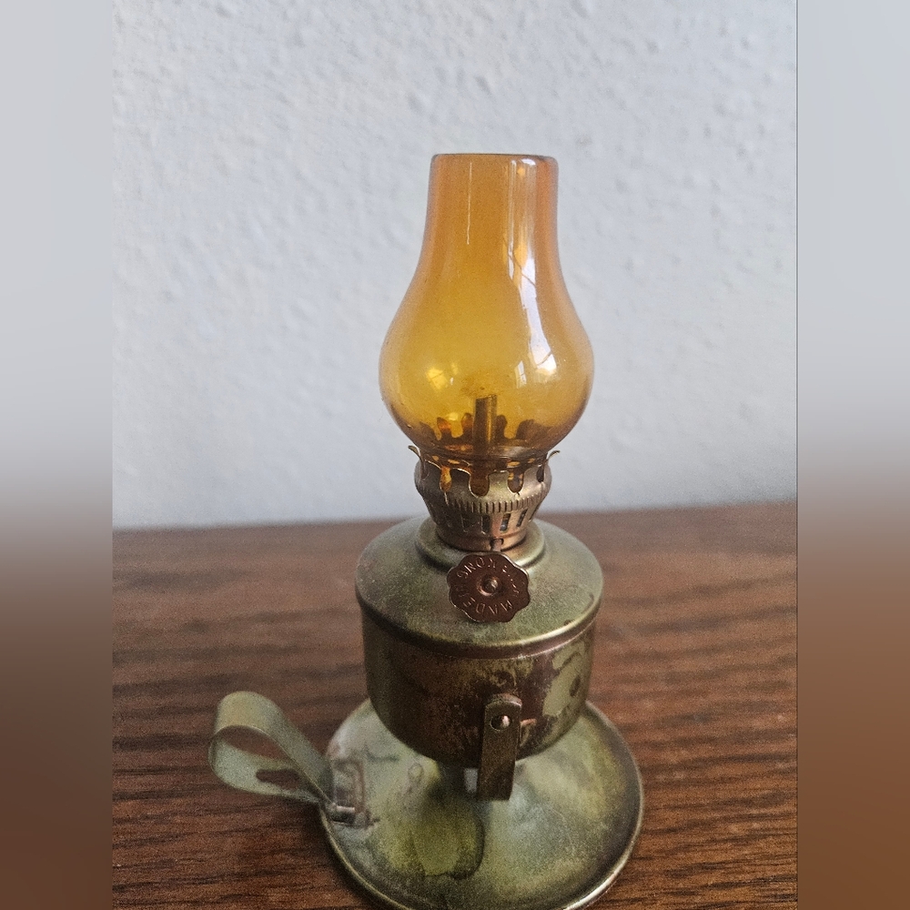 Miniature Brass Swivel Finger Oil Lamp wiht Amber Chimney